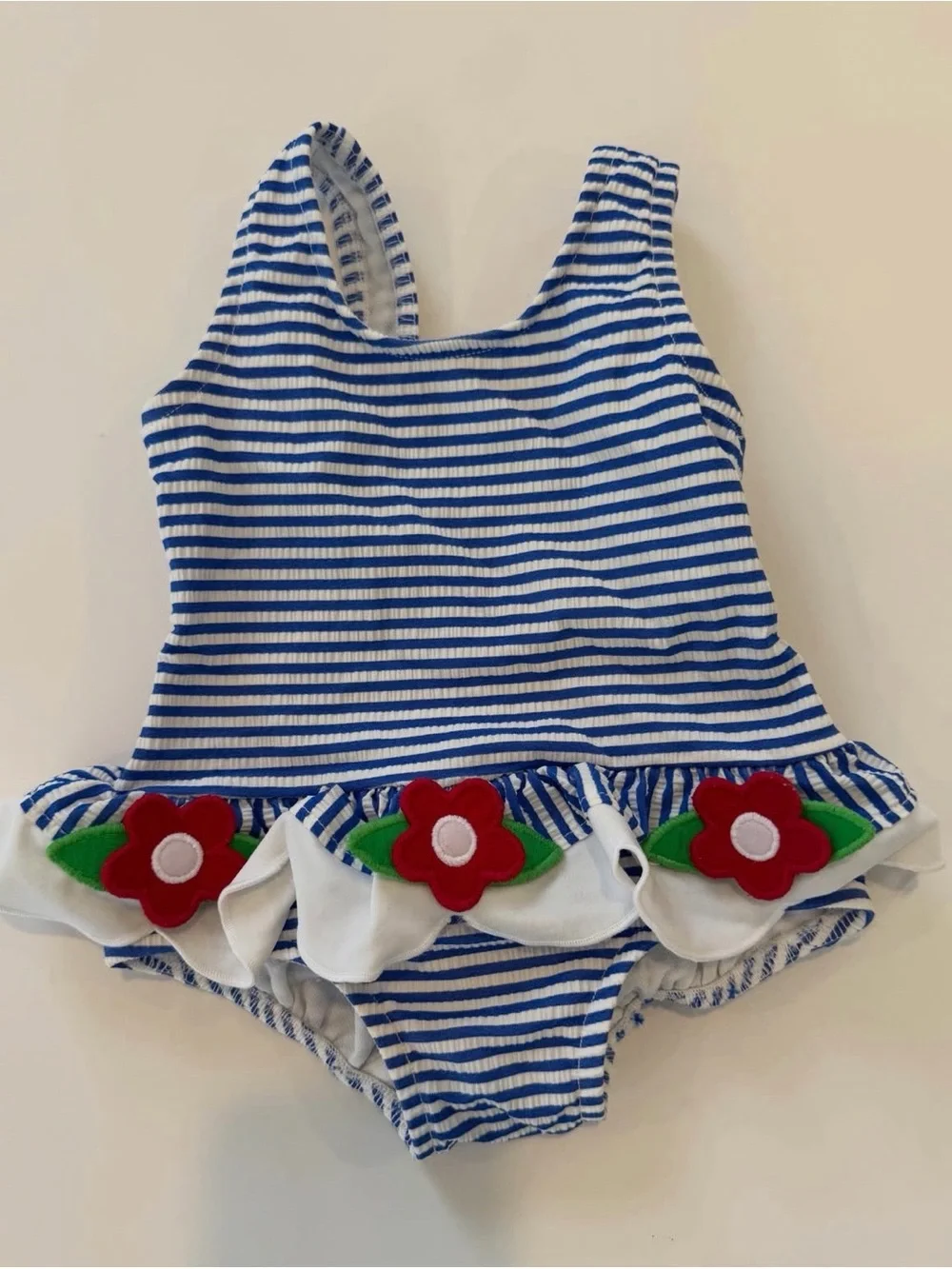Florence Eiseman Blue & White Striped Flower Applique One-Piece Swimsuit